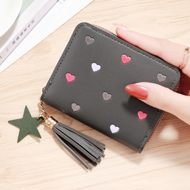 1PC Wallet Women Ladies Mini Tassel Wallets Cute Short Zipper Lovely Pu Leather Coin Purse Female Hand Wallet: GRAY