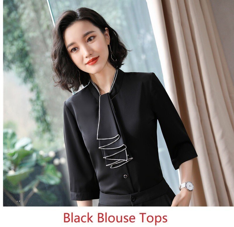 Hvid halværmet forår sommer chiffon bluser & skjorter ol styles business kvinder arbejdstøj tøj dame bluse: Sort / Xxxl