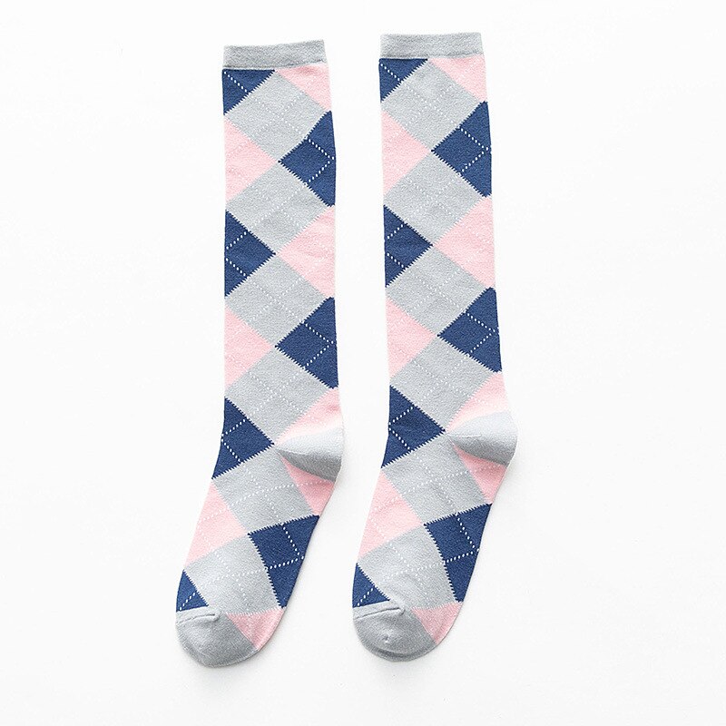 Dreamlikelin Autumn Winter Harajuku Girls Cotton Socks Female Uniform Argyle Socks Wing Rhombus Kawaii High Tube Knee Socks: StyleB Blue