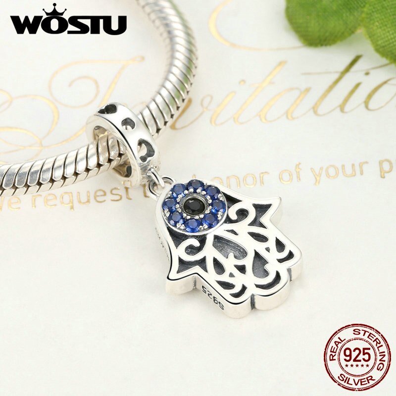 WOSTU Echt 925 Sterling Zilveren Hamsa Hand Eye Charms Bengelt Fit Originele Armband Ketting Authentieke Sieraden