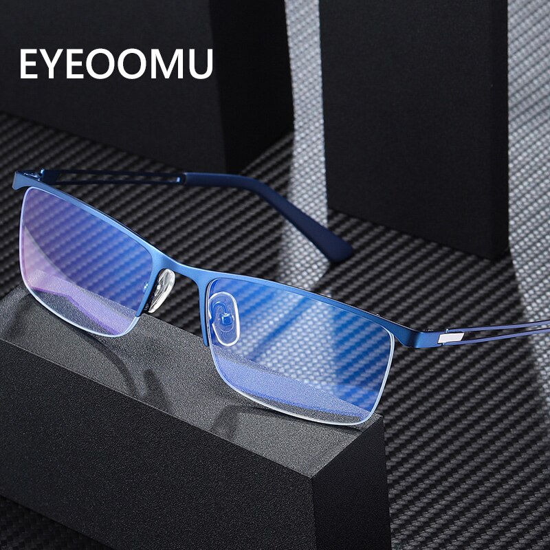 Eyeoomu mænd blå lys blokerende uv-briller til computer kvinder halvfælg legeret metal små firkantede briller med prisskrift