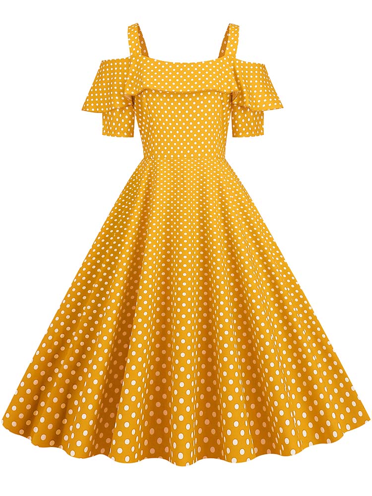 Vestido de Vintage con hombros descubiertos, vestidos Midi de línea A con volantes y lunares de verano para mujer