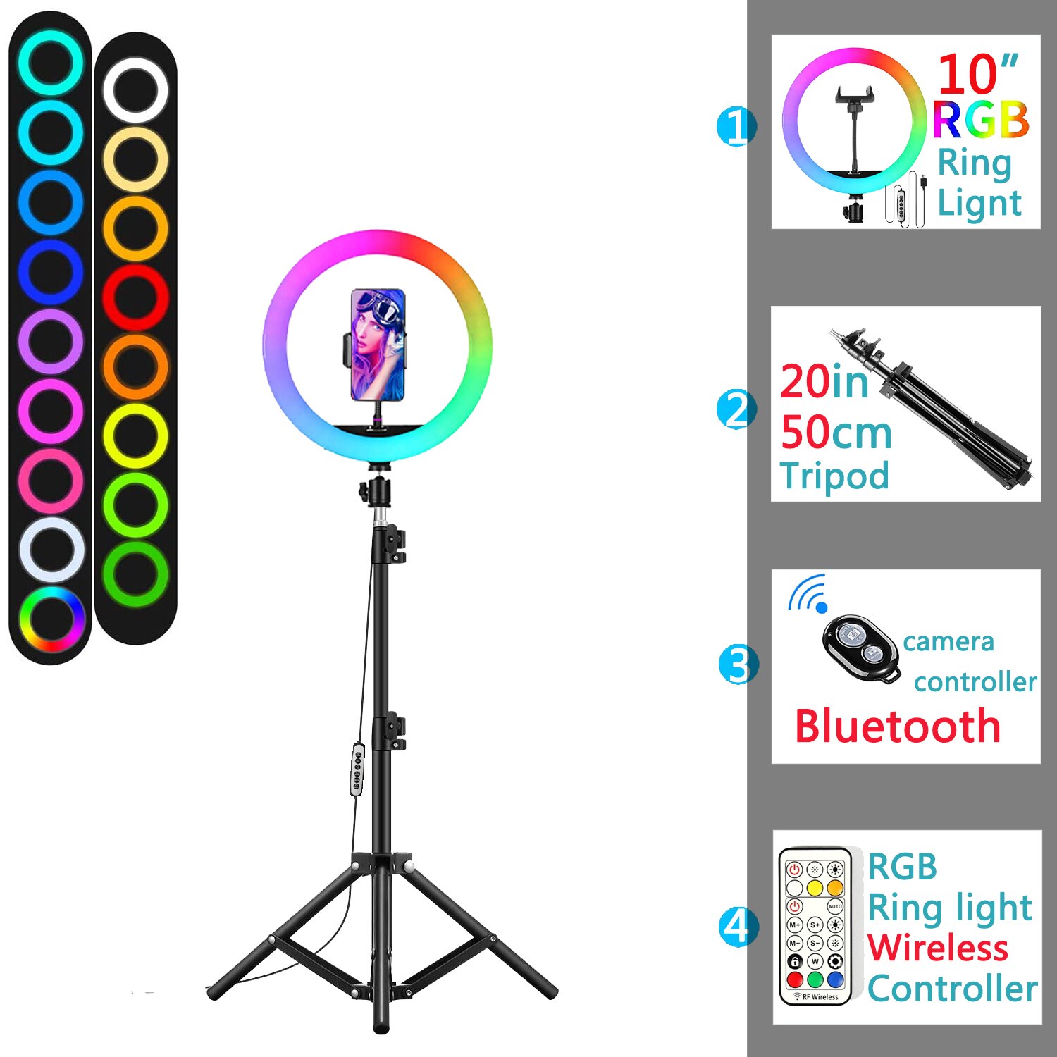 10in Rgb Led Kleur Selfie Ring Licht Fotografie Ringlicht Telefoon Standhouder Cirkel Lamp Trepied Statief Vullen Licht Makeup: with 50cm Tripod