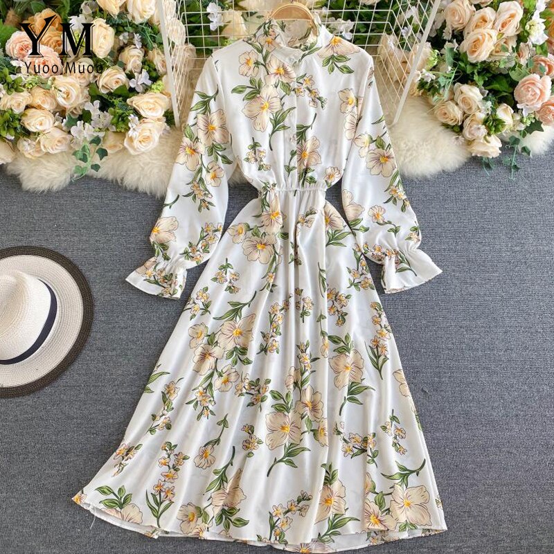 Yuoomuoo kvinder retro blomstret kjole stander krave slank lang vestidos forår efterår chiffon langærmet kjole femme
