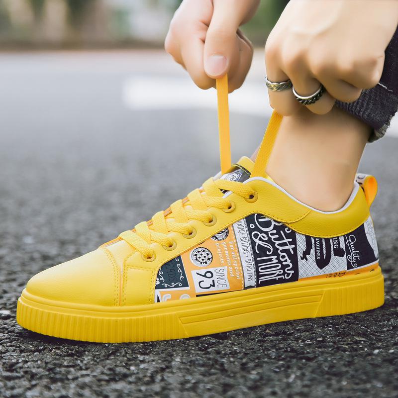 Forår mænd fritidssko gul læder sneakers graffiti flade skridsikre slidbestandige snørebånd åndbare sorte herresko: Gul / 6.5