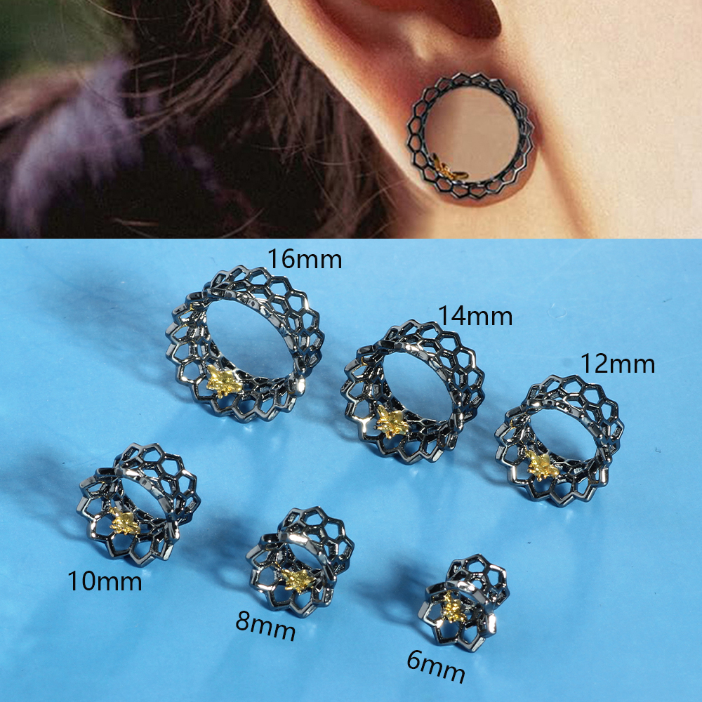 Cool Ear Plugs Tunnels Expander Double Flare Brass Earlobe Tunnels Stretcher Earrings Body Piercing Gauges for Ears Bee Flower: GRAY / Imitation Rhodium Plated