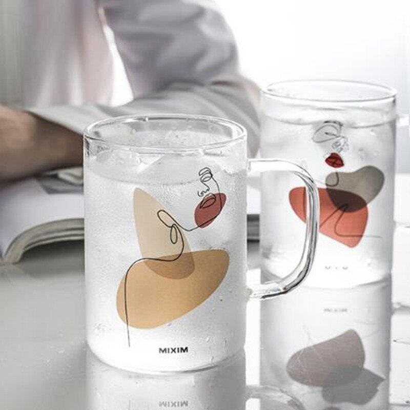 450ml stor kapasitet menneskelig ansikt mønster glass kopp med håndtak kaffe frokost melk øl krus te kopper til elskere venner
