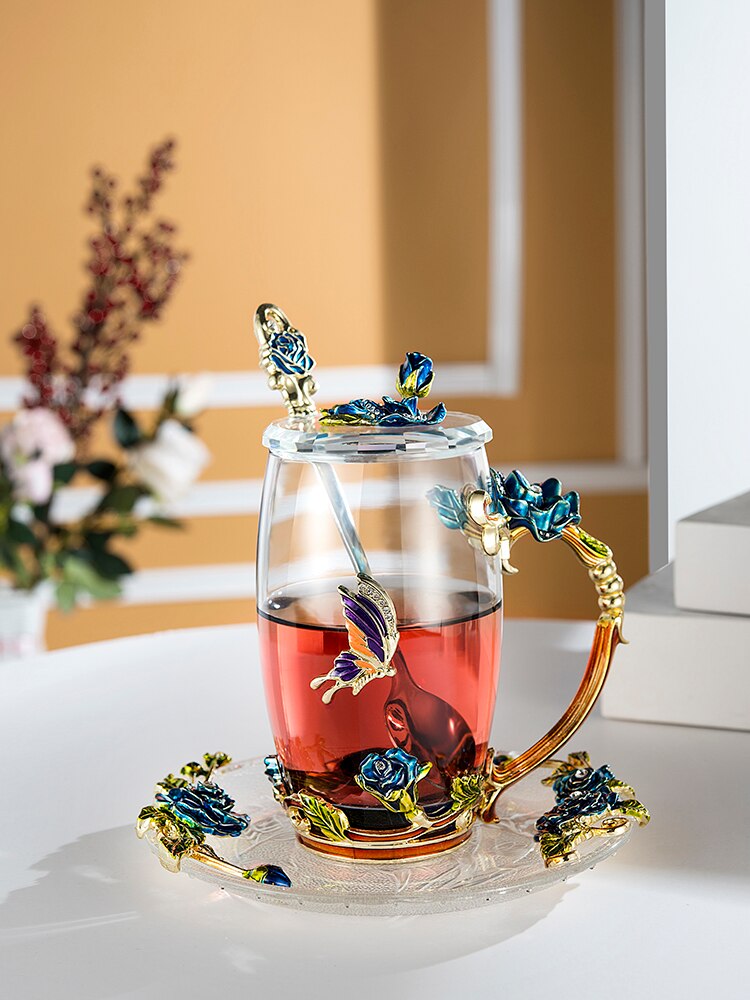 1pc emalj glas kopp kaffe mjölk dryck blomma te kopp set med lock sked box par vänner kopp värmebeständig