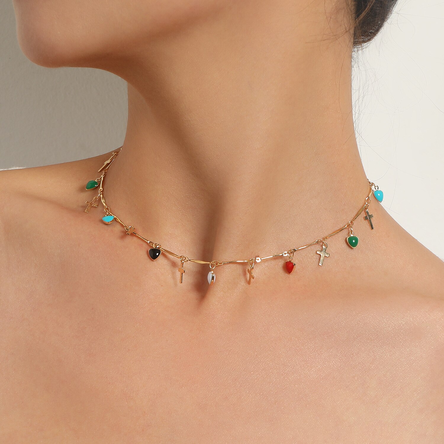 Bohemian Drip-Geglazuurd Liefde Cross Ketting Voor Vrouwen Multi-Layer Kleurrijke Kwasten Crystal Hanger Choker Ketting Mode-sieraden