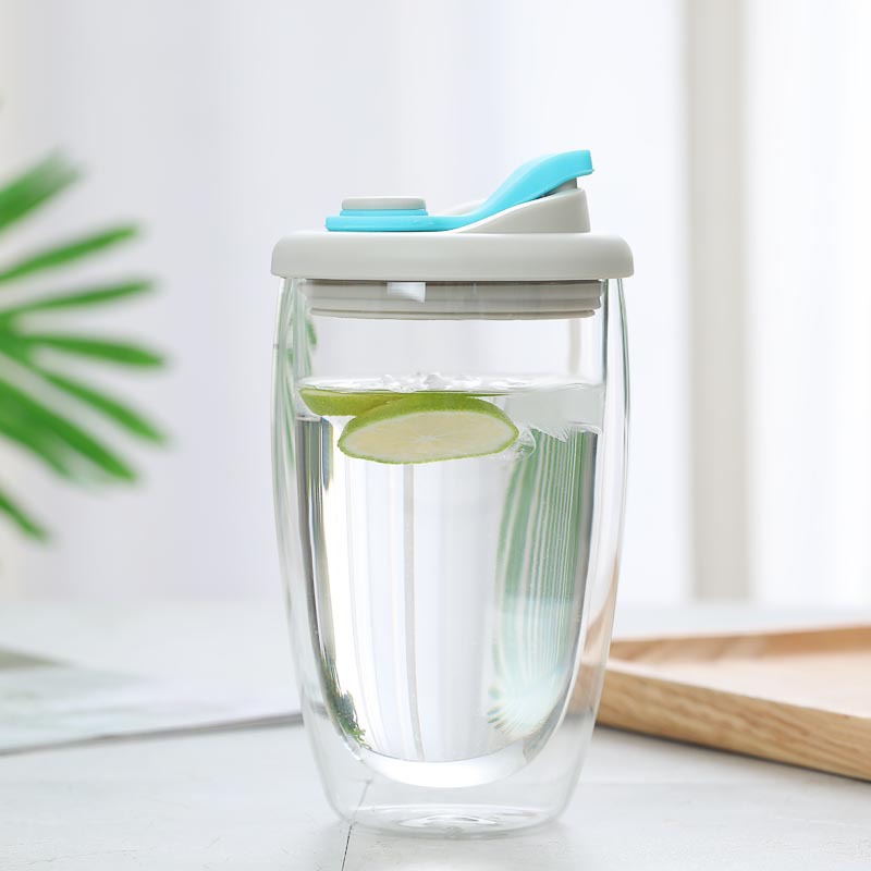Tasse en verre à Double paroi anti-fuite, avec couvercle hermétique en Gel de silice, isolée, pour café, jus, en forme d'œuf, transparente: light blue450ml