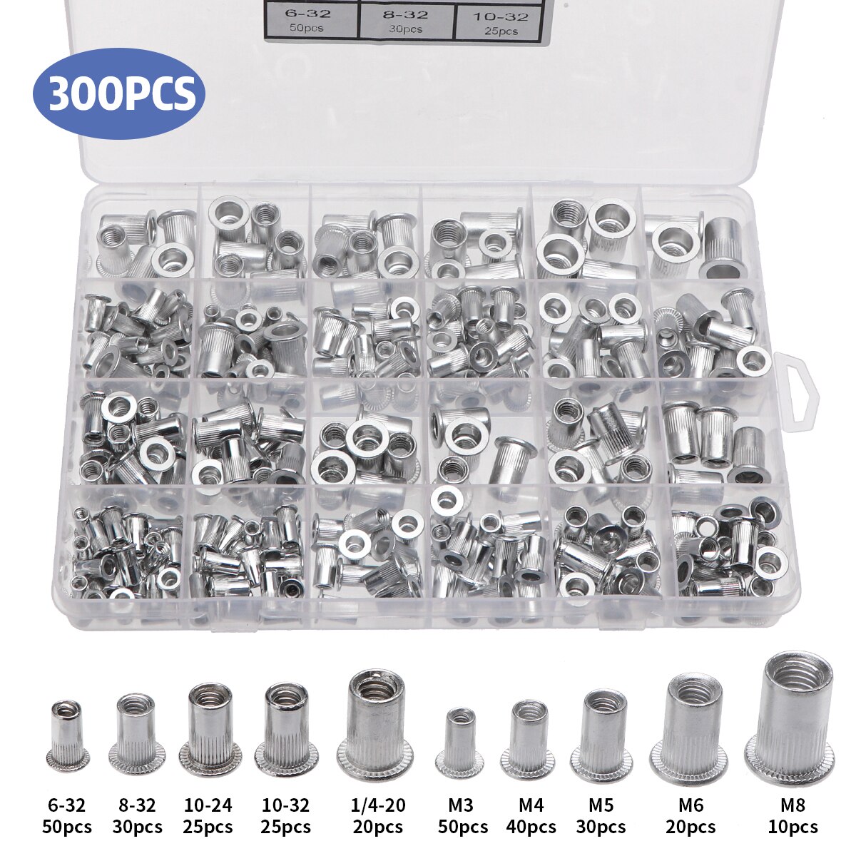 300pcs Rivet Nuts Set Nutserts Aluminum Threaded Insert Nutsert Cap Flat Head Rivet NutsM3 M4 M5 M6 M8 M10