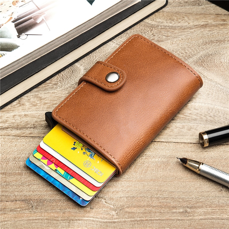 Bycobecy Casual Credit Kaarthouder Hasp Smart Id Card Case Metal Rfid Aluminium Doos Slanke Mannen En Vrouwen Id Houder pu Leer