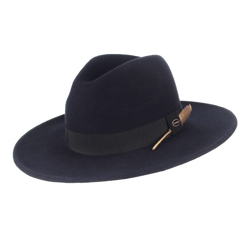 Gemvie 100%  uldfilt hat 3 farver stiv bred rand fedora til mand/kvinder stribet fjerbånd efterår vinter panama jazz cap: Marine blå