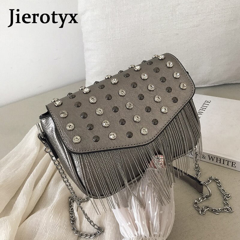 JIEROTYX-bandoleras plateadas con borlas y diamantes para mujer, bolsos de hombro femeninos pequeños, de noche,