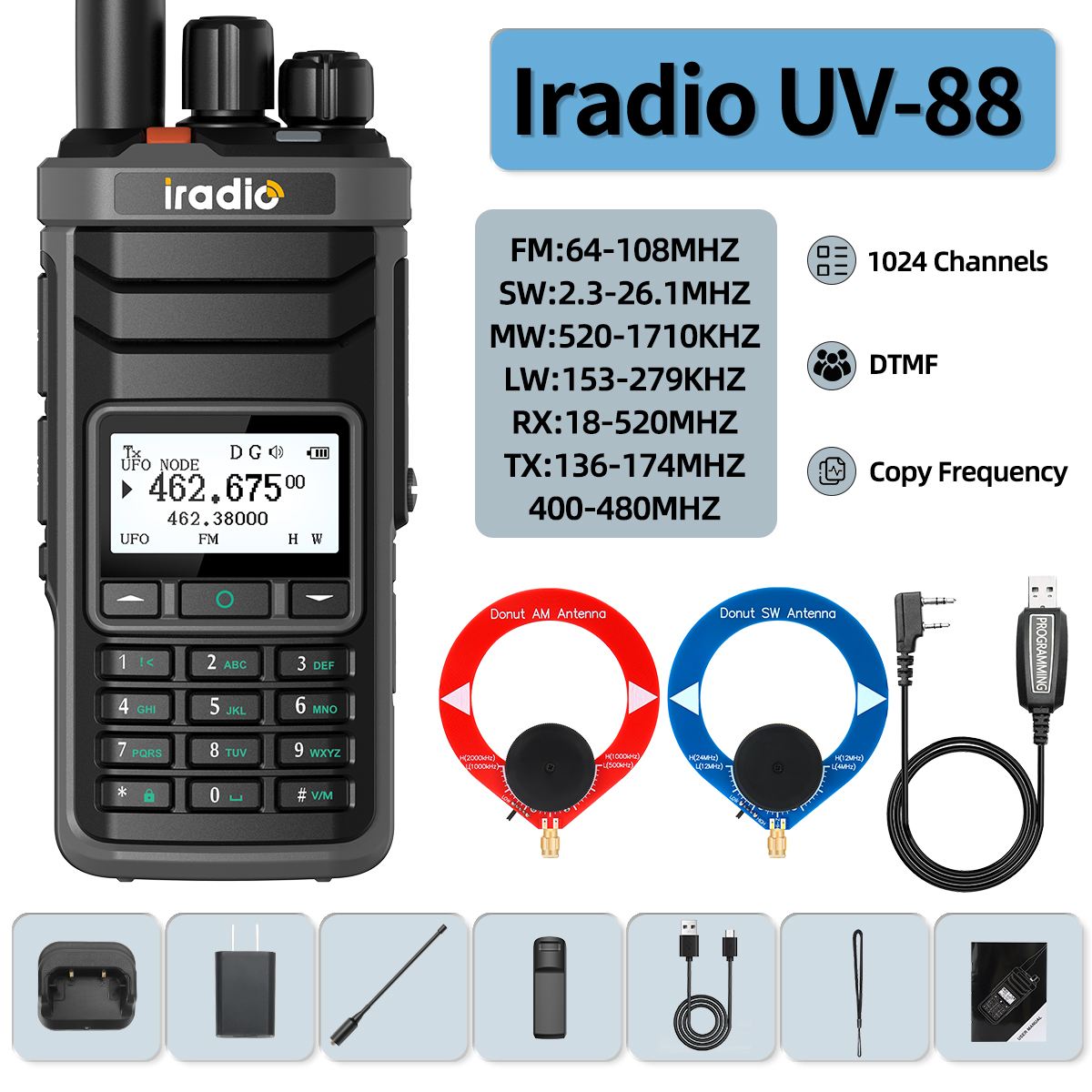 Iradio UV-88 Walkie Talkie Shortwave Radio Multi Band HF CB SSB AM Type-C DTMF LSB CW LW MW SW 1024 Channels: PURPLE / EU
