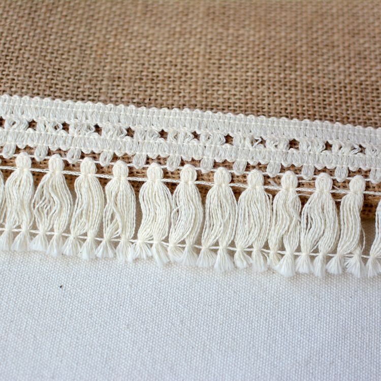 2 meter beige katoenen kwastjes, katoenen franjes, kant, kleding, gordijnen, woonaccessoires, kwastjes, kant, bandjes , 5.5cm