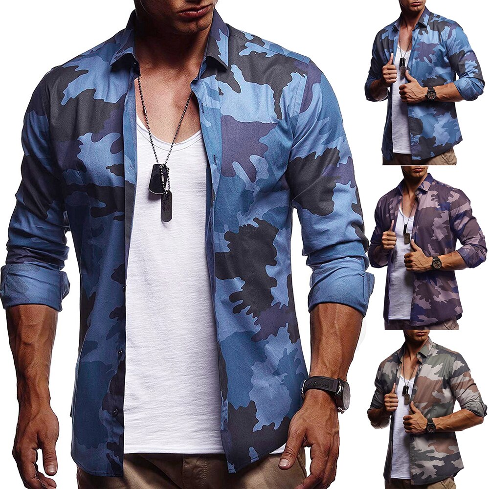 Efterår herre camouflage skjorter herre slim fit casual skjorte toppe mænd camo langærmet skjorte m -3xl