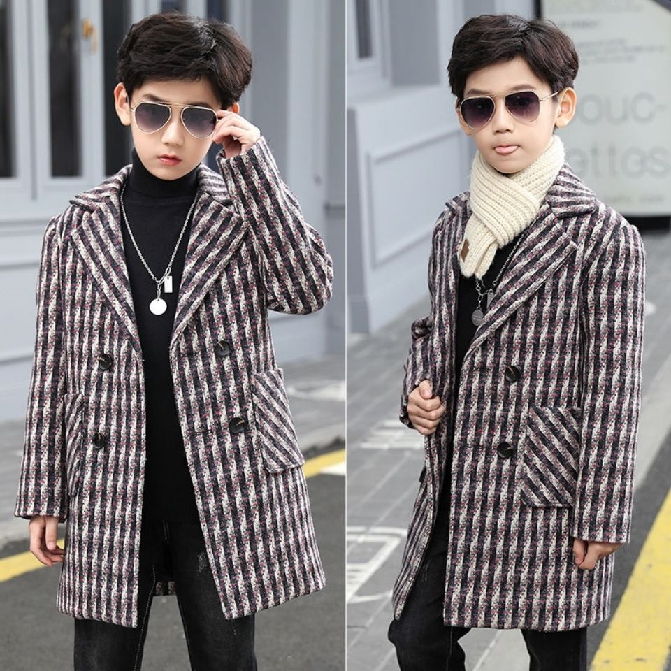 Boys Wool Coat Woolen Overcoat Kids Clothes Fall Winter Plaid Thicken Casual Woollen hildren Outerwear Trench Jackets