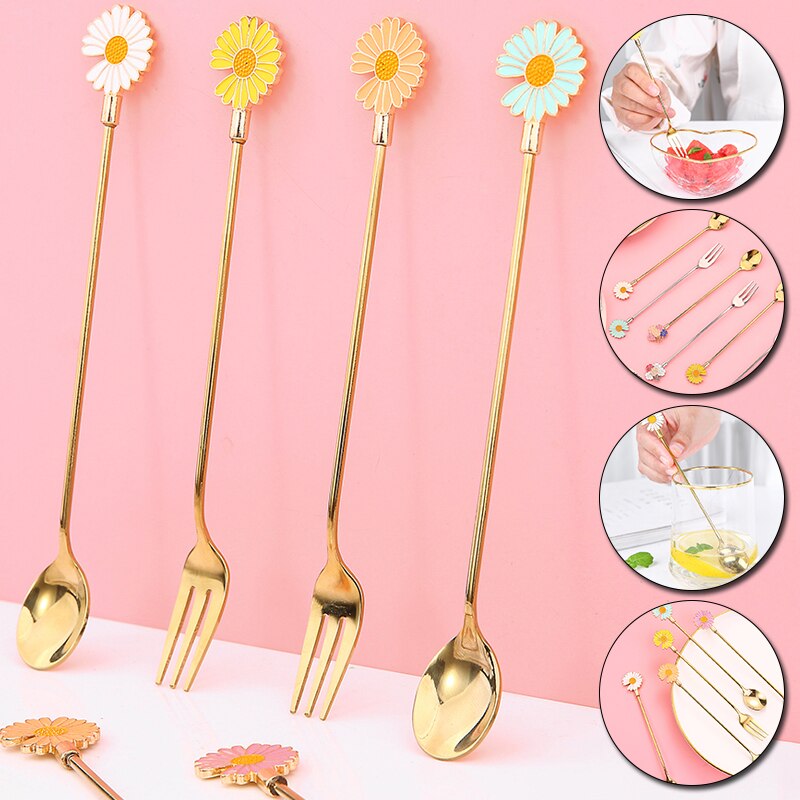 Cherry Blossom Daisy Pattern Spoon Fork Stainless Steel Thin Handle Tea Spoon Coffee Stirring Dessert Fork Tableware