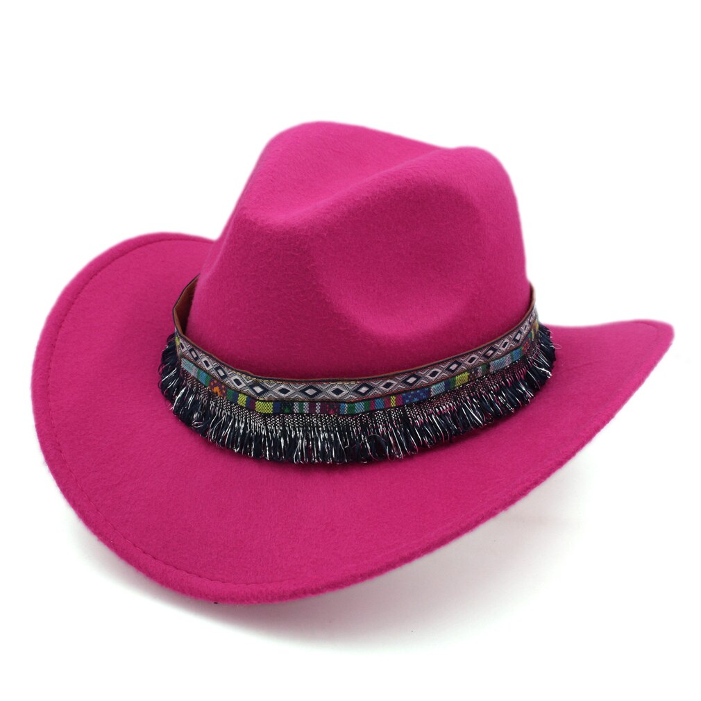 Mistdawn klassiske kvinder mænd western cowboy ridning hat ridning cowgirl cap bred brim m / bohemia kvast bånd størrelse 56-58cm: Rosenrød