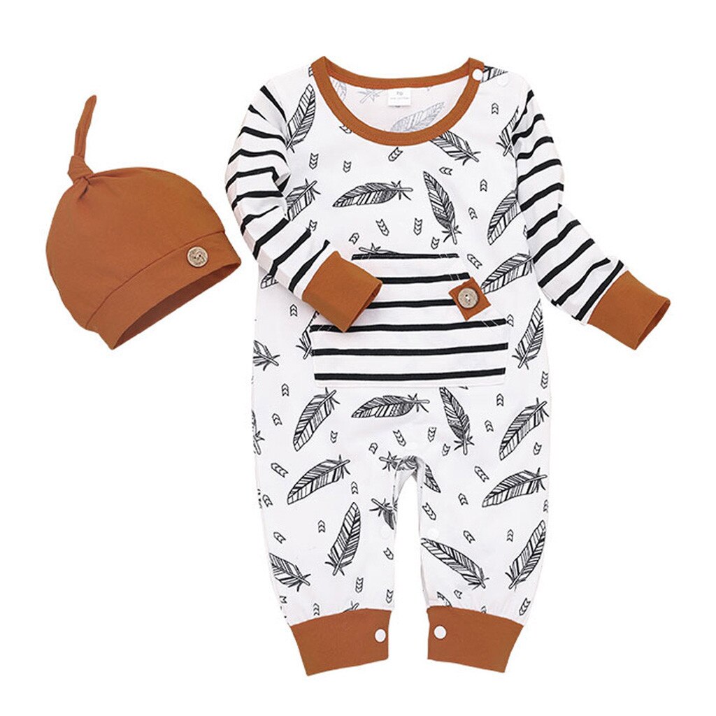 Infant Baby Girl Boy Feather Striped Romper Jumpsuit With Pocket Clotheswith Keep Warm Hat Set Long Sleeved Romper: 24M