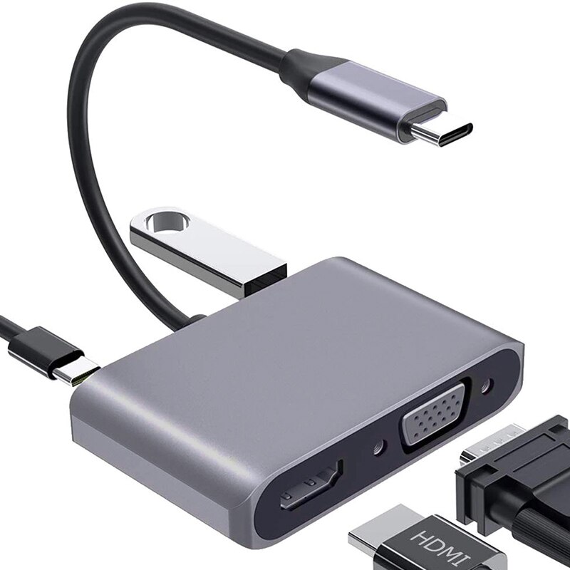 Usb c to vga hdmi 4k 4 in 1 adapter usb 3,0/ usb c pd hub compatible with macbook pro/air, nintendo, dell, hp, samsung, switc