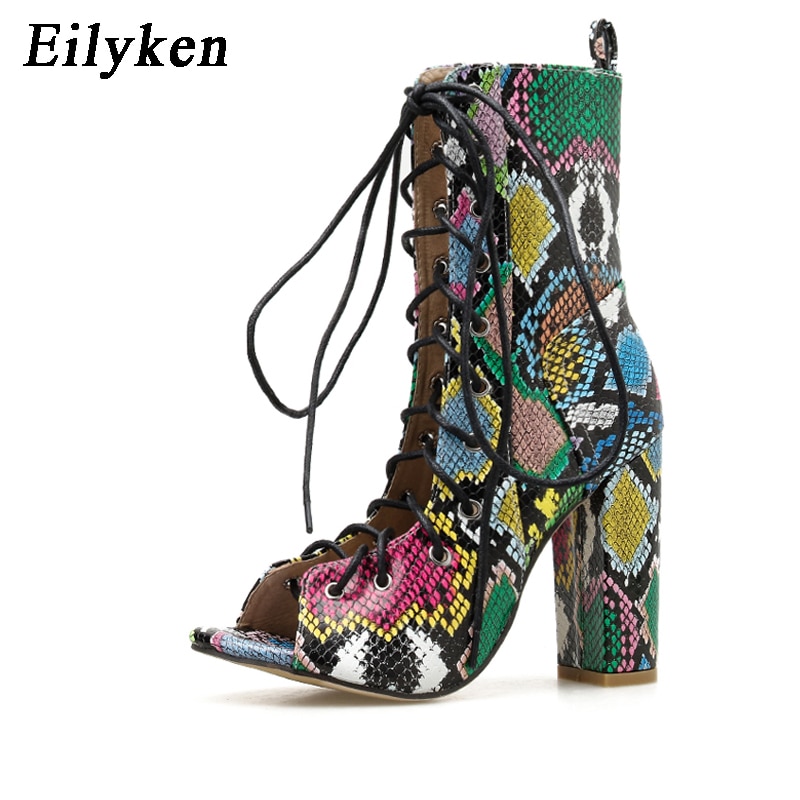 Eilyken zomer gemengde kleuren slangenprint dames enkellaarsjes sandalen pu leer open teen holle kruis veterschoenen