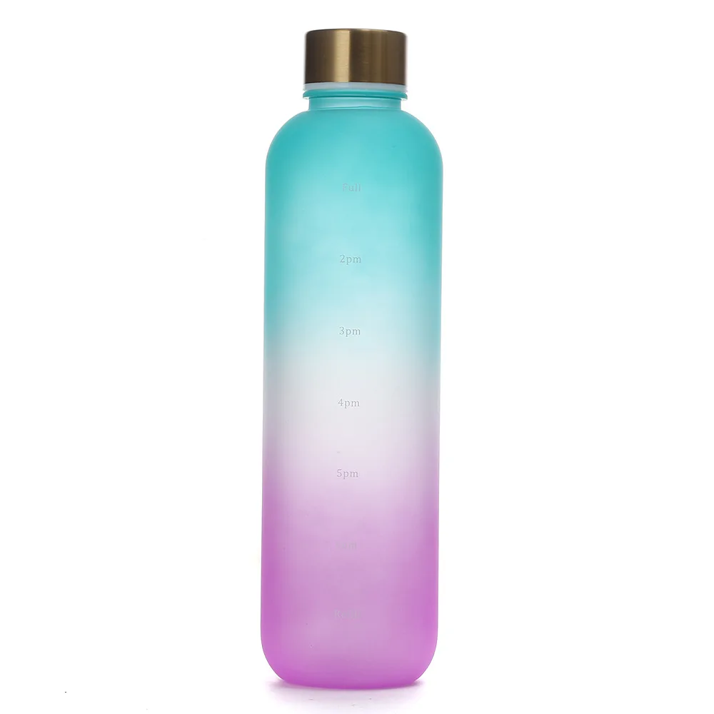 1l vattenflaskor med tidsmarkör 32 oz fitness sport utomhus resor bärbara läckagesäkra dricksglas bpa-fria frostade dryckesflaskor: Blå