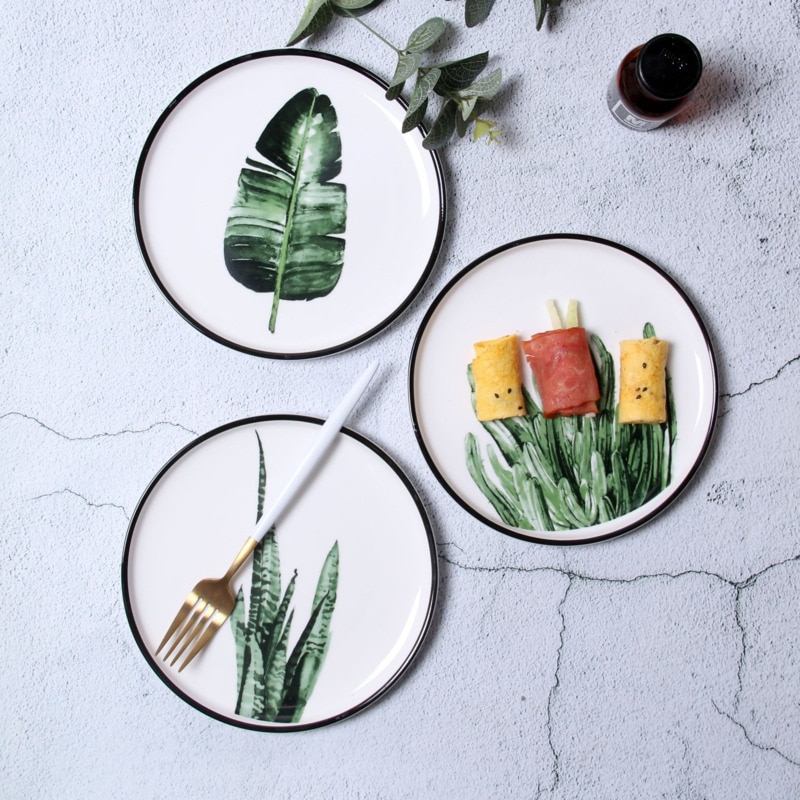 Vajilla de porcelana de 8 pulgadas con de plantas verdes, juego de cena, plato de postre de cerámica, plato de pastel, , 1 ud.
