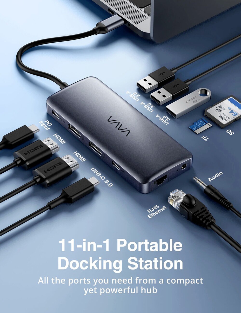VAVA USB-C 3.0 Hub VA-UC018 11-in-1 Docking Station with Dual 4K HDMI 100W PD Charging RJ45 Adaptor Splitter SD/TF Card Read