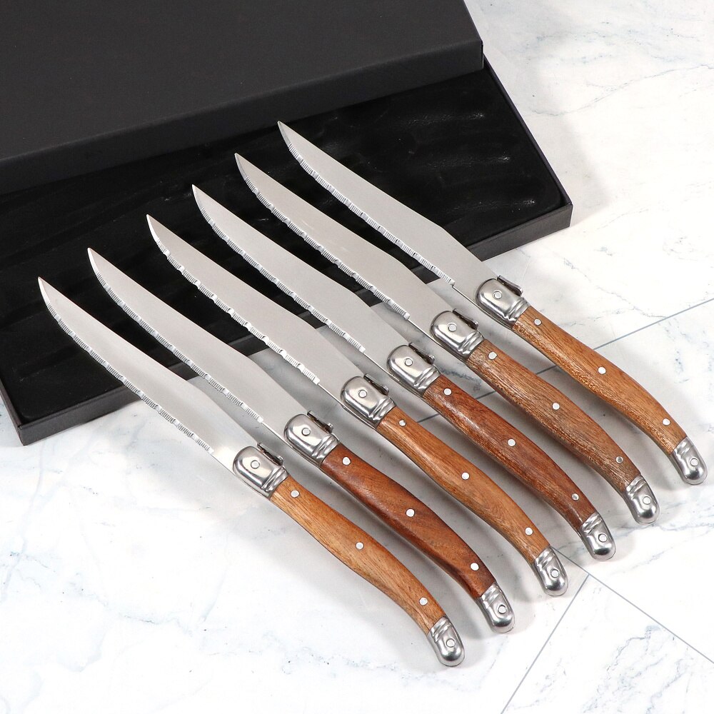 Jaswehome Laguiole 6pcs Luxury Steak Knife Set Stainless Steel Flatware with Box Ergonomic Handle Dinner Knives