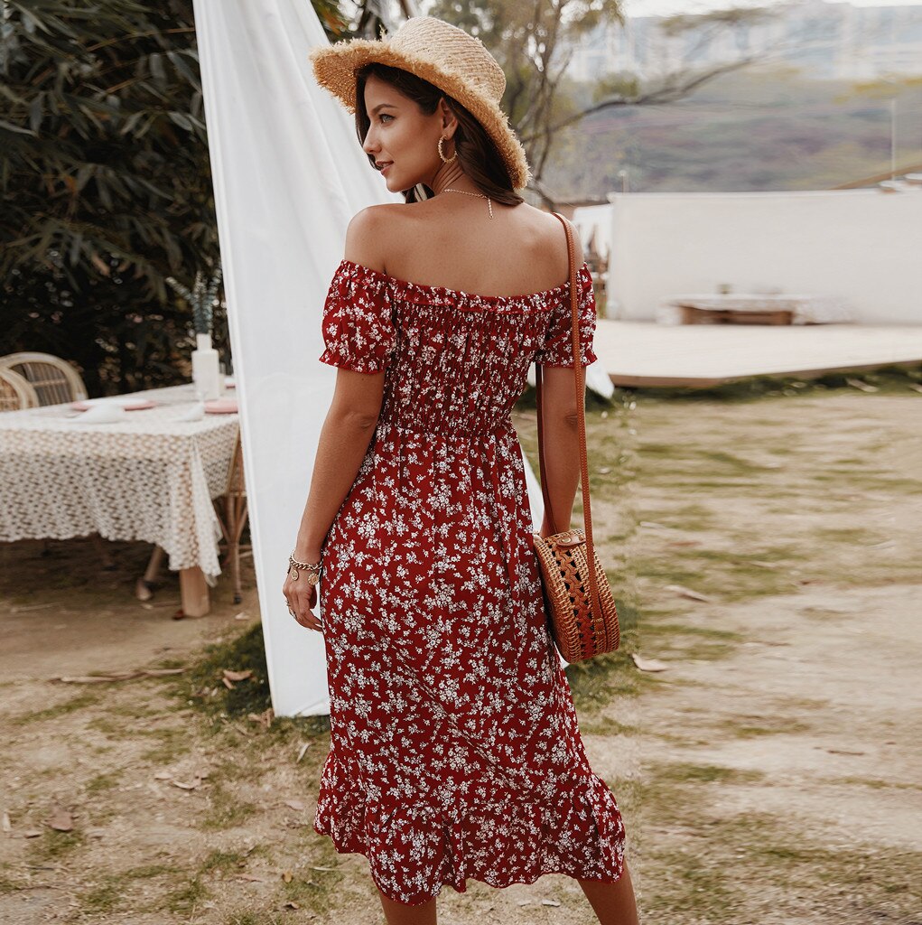 Women Dress Boho Floral Print Off Shoulder Ruffled Short Sleeve Sundress Summer Female Beach Dress Party Vestidos M140#
