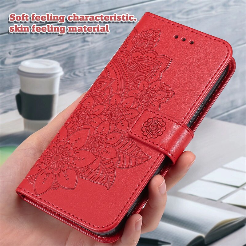 A03 rdzeń etui do Samsung Galaxy A03 rdzeń a03core A03S A 03 S A03 S A 03 S okładka wytłoczony siedmiopłatkowy kwiat klapki kabura Coque: A03S (Europe) / Czerwony