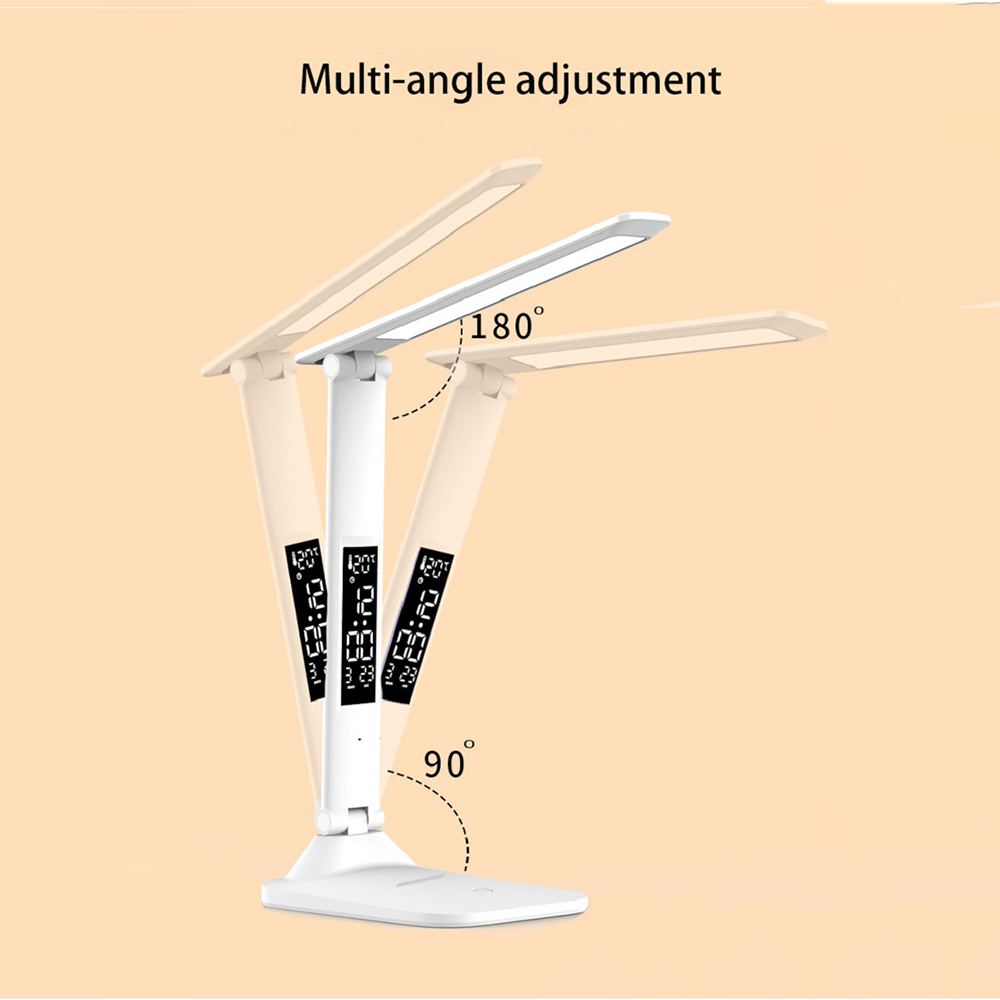 Lampada da tavolo pieghevole Lettura USB Touch Dimmerabile Protezione per gli occhi con sveglia Termometro Lampada da scrivania a LED Carica USB Luce notturna