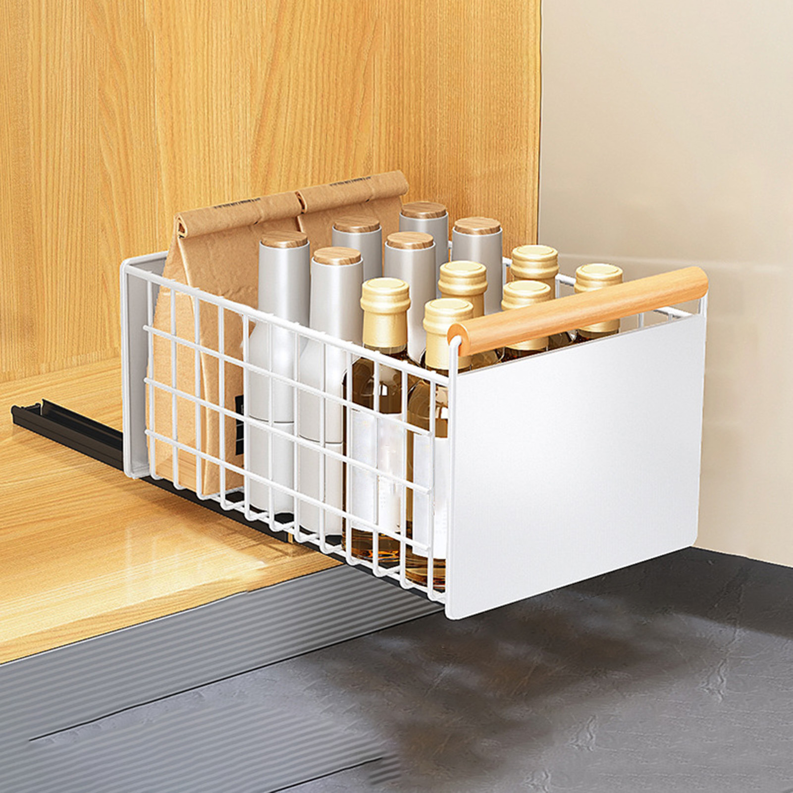 Cabinet Drawer Rack Self-adhesive Sliding No Drilling Foldable Sliding Cabinet Organizer Heavy Duty Pull-out Pantry Organizer: GRAY