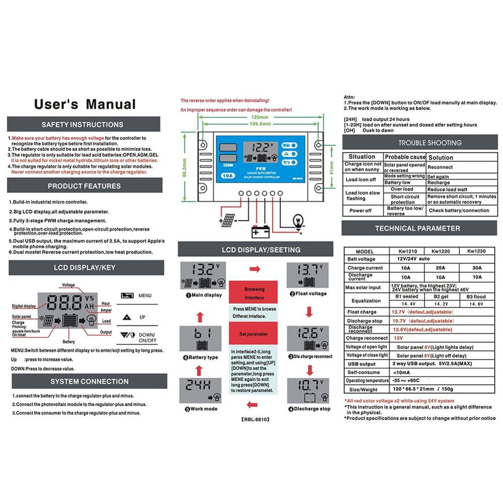 10a 12v 24v auto solar charge controller pwm with lcd dual usb 5v output solar cell panel regulator pv home