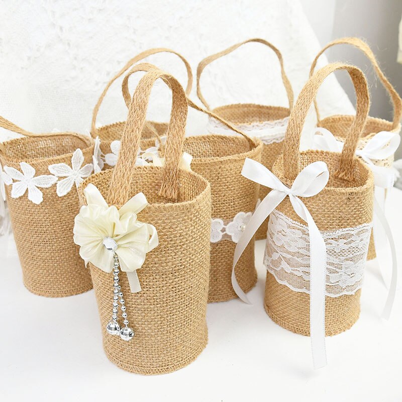 Ślub koronkowy jutowy kwiat kosz lniany uchwyt Vintage rustykalny ślub ceremonia dekoracja stołu Baby Shower Party cukierki prezent torba