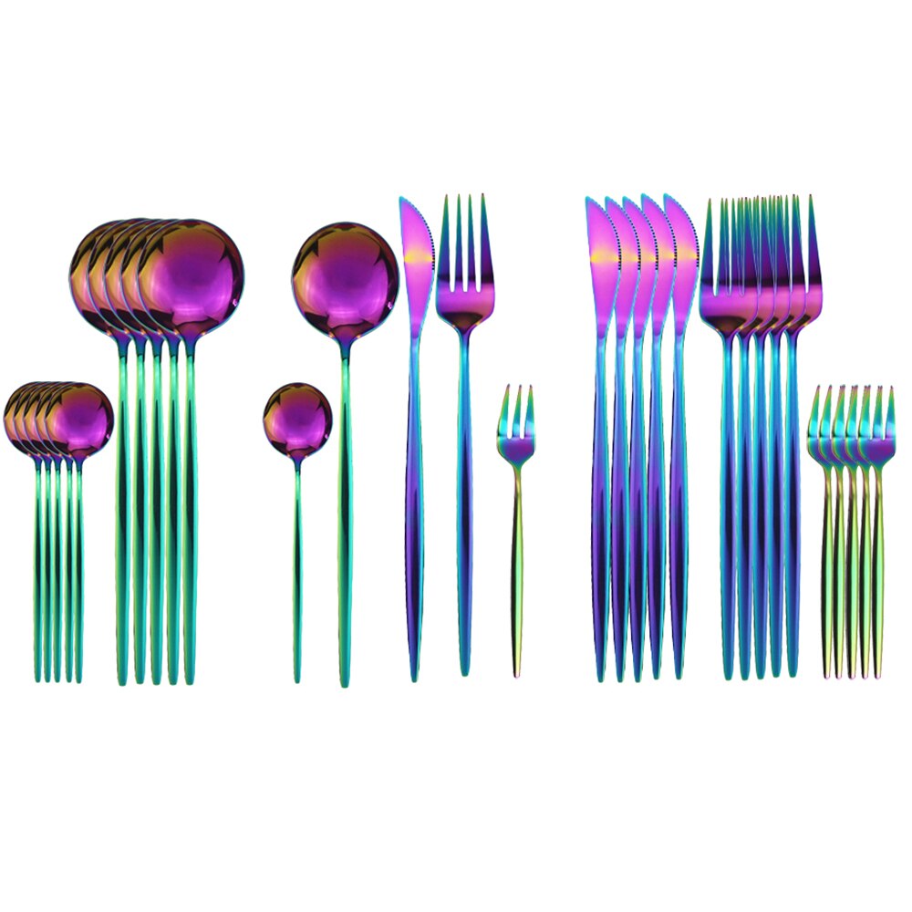 JANKNG – service de vaisselle noire, 30 pièces, fourchette à gâteau aux fruits, couteau en acier inoxydable, argenterie, couverts miroirs, service de table: Rainbow