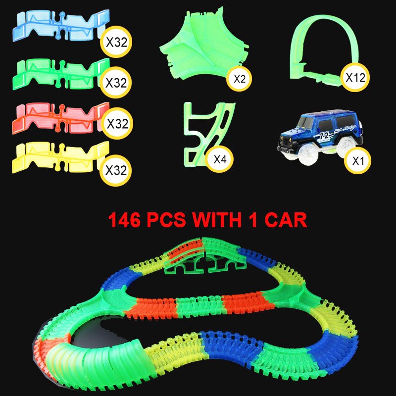 Flessibile Glow Pista Lampeggiante Diecast Modello di Auto Da Corsa Luminoso Glow in the Dark Educativo di Giocattoli per I Ragazzi Regalo di Natale: 146pcs with 1 car