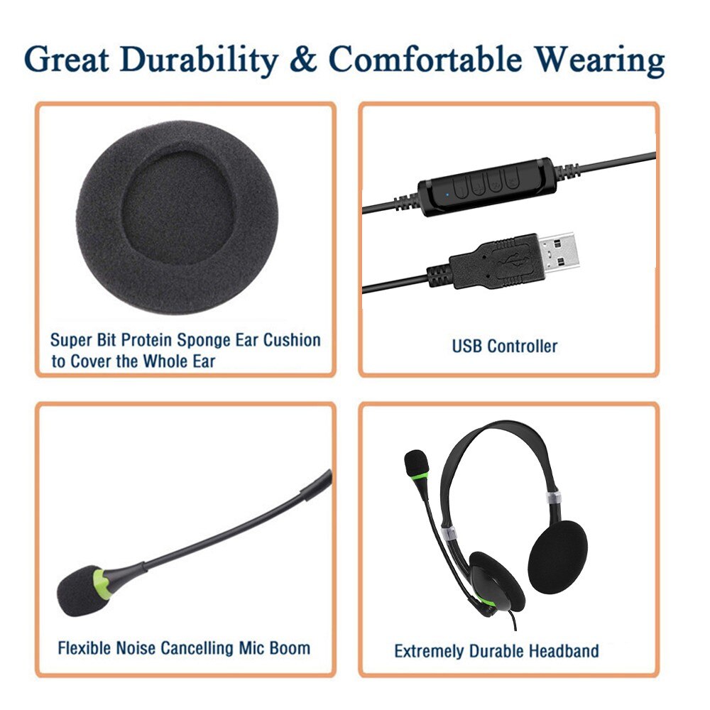 Słuchawki przewodowe zestaw słuchawkowy na USB HD połączenie głosowe anty hałas regulowany z mikrofonem miękki Earpad lekki na PC Laptop Competer