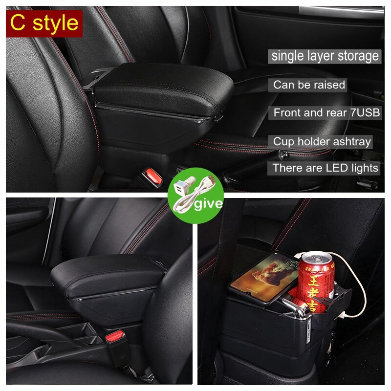 Caja de reposabrazos para Toyota Hilux, piezas de reequipamiento Interior del coche, almacenamiento de reposabrazos giratorio, retráctil, USB, LED, portavasos, accesorios: C Styke All Black