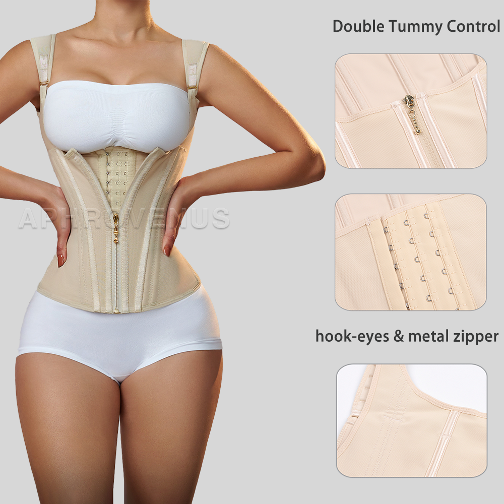 Fajas Colombianas – Corset d'entraînement de taille à Double Compression pour femmes, avec fermeture éclair réglable en os et yeux à crochet, modelant le ventre plat