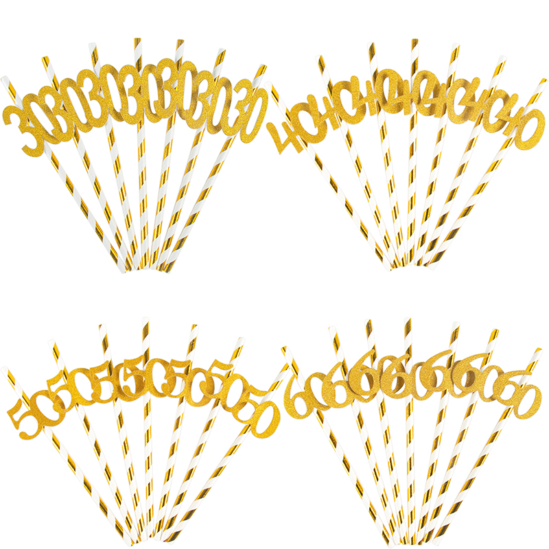 10 cannucce di carta a strisce dorate 30° 40° 50° 60° compleanno cannucce per adulti 30 40 50 anni anniversario di compleanno