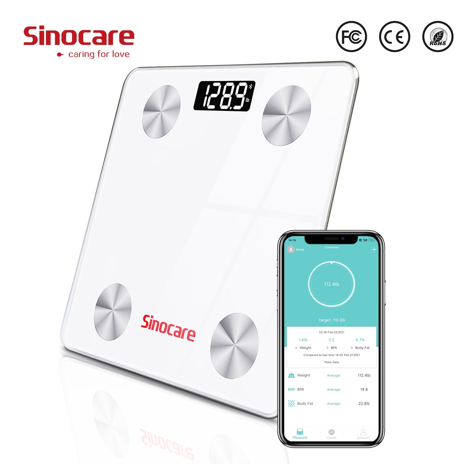 Sinocare Body Fat Scale Smart Bluetooth Bathroom Weight Scale Health Monitoring Wireless Digital BMI Body Composition Analyzer