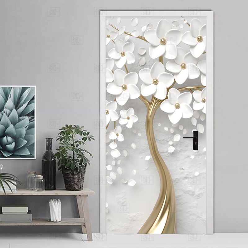 Zelfklevende Deur Sticker 3D Stereo Witte Bloemen Muurschildering Behang Woonkamer Slaapkamer Home Decor Deur Poster Waterdicht Sticker