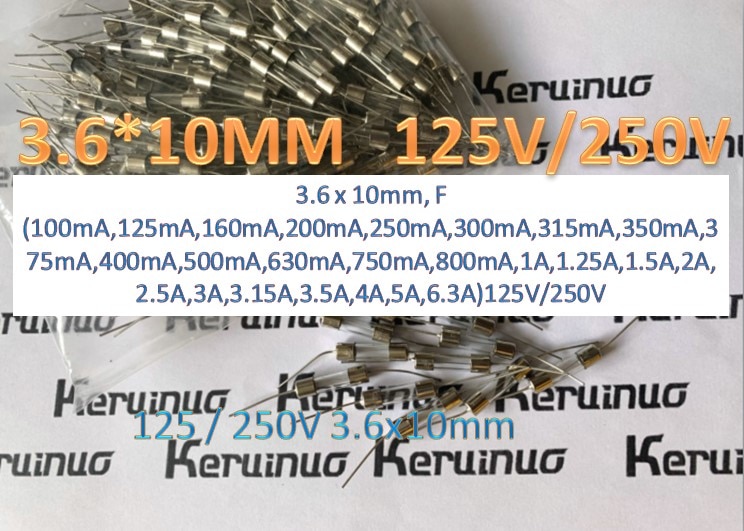 3.6 x 10mm F1A,1.25A,1.5A,2A,2.5A,3A,3.15A,3.5A,4A,5A,6.3A)125V/250V, Fast Acting, Cartridge Glass Tube Fuse with Pigtail,UL/CSA