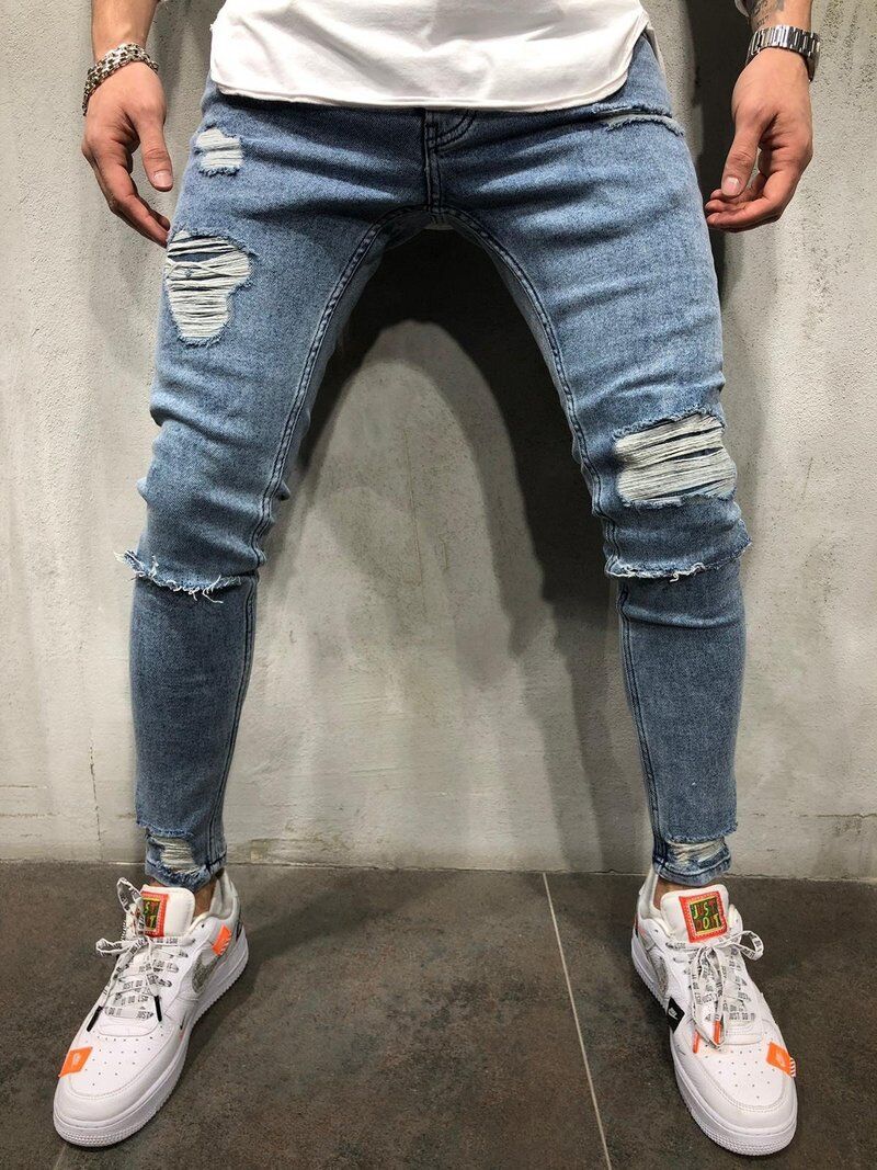 Light Blue Pencil Pants Jean Men Destroyed Streetwear Denim Trousers Skinny Ripped Hole Jeans Male Plus Size 3XL Europe Style