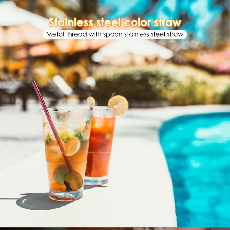 2 in 1 Reusable Drinking Straws Stainless Steel Coffee Milk Tea Straw Spoon