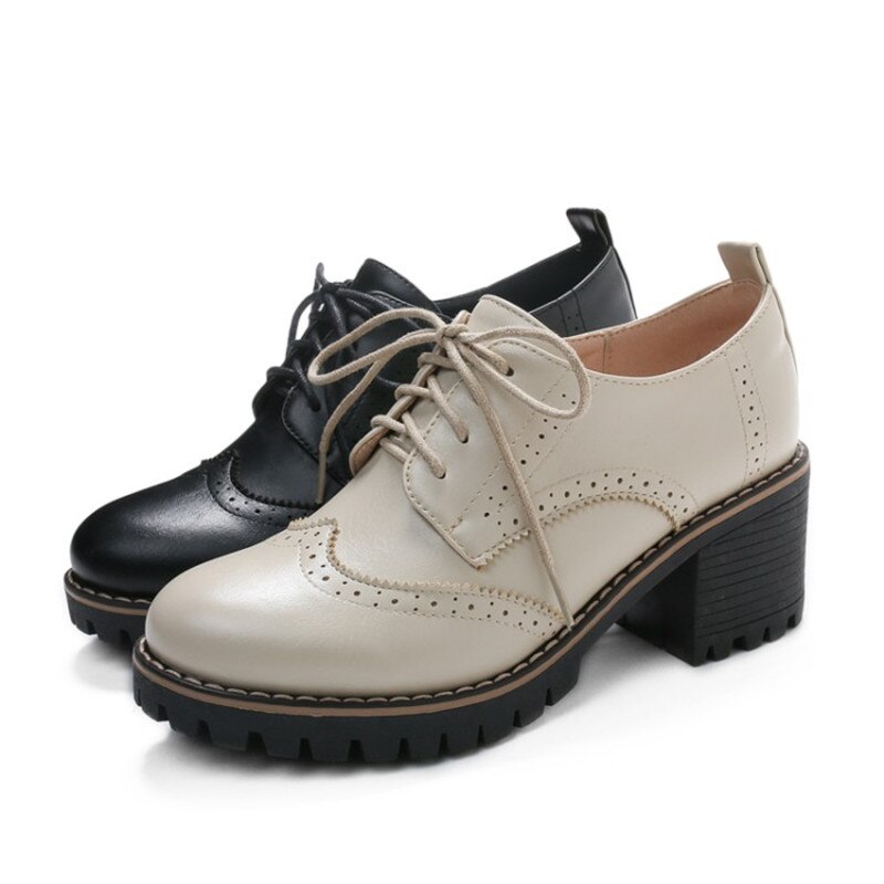 PXELENA britannique Vintage femmes richelieu chaussures gros bloc talons hauts pompes à lacets bureau dame quotidien Oxfords Wingtip Fretwork 43