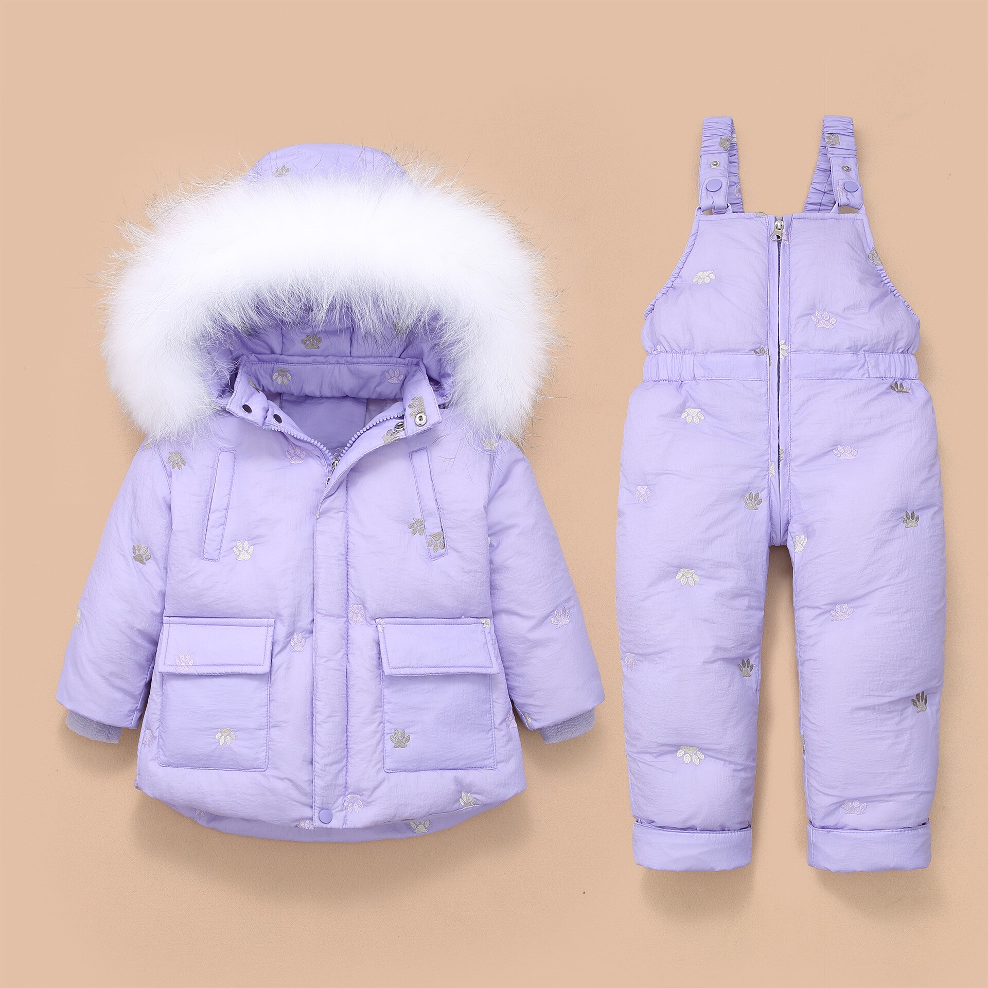 Meisjes Set Fur Hooded Jongen Baby Overalls Meisje Winter Donsjack Warme Jas Kinderen Kinderen Snowsuit Sneeuw Kleding Meisjes Kleding set: purple / 18m